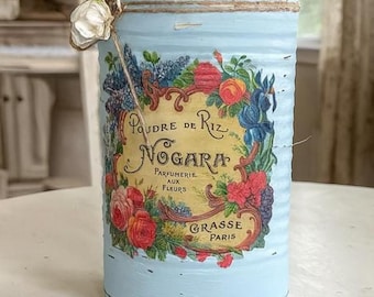 French Shabby Chic Light Blue Tin Can Flower Vase Floral Perfume Label France Vintage Style Home Decor Table Centerpiece Boudoir Vanity