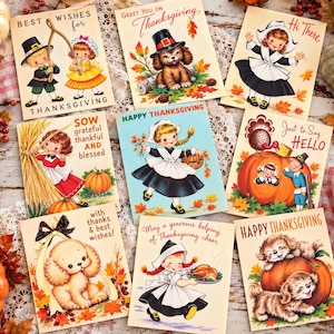 May include: A collection of eight vintage-style Thanksgiving greeting cards featuring illustrations of children in pilgrim attire, puppies, turkeys, and pumpkins. The cards include text such as Best Wishes for Thanksgiving, Happy Thanksgiving, and Just to Say Hello.