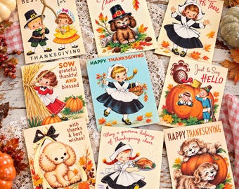 May include: A collection of eight vintage-style Thanksgiving greeting cards featuring illustrations of children in pilgrim attire, puppies, turkeys, and pumpkins. The cards include text such as Best Wishes for Thanksgiving, Happy Thanksgiving, and Just to Say Hello.