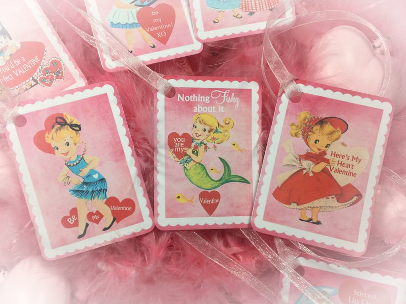 9 Pink Valentine's Day Decor Tags/Cards AND 9 Ribbons Vintage Retro 1940s/1950s Children Kids Little Girl Gift Bag Art Tag Shabby Chic Card image 3