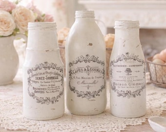 3 French Country White Glass Jars/Bottles Vases - CottageCore Shabby Chic Table Decor Centerpiece - Paris France Apt Wedding Office Kitchen