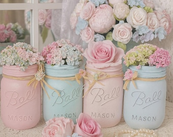 Shabby Chic Painted Mason Jars - Centerpieces - Home Decor Vases for Wedding Bridal/Baby Shower/Birthday Party/Mothers Day Hostess Gift Idea