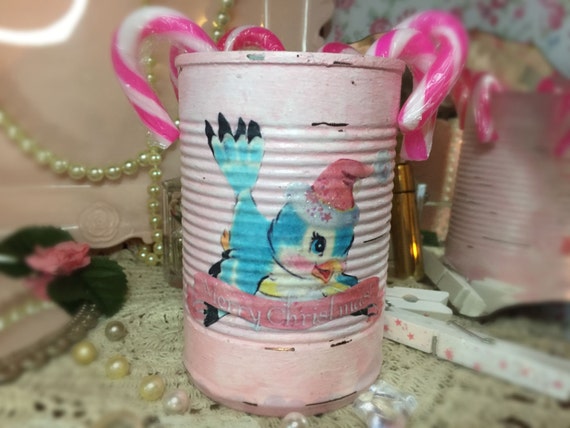 Shabby Chic Pink Christmas Vase Can Retro Vintage Whimsical Kitschy Blue Bird Decoration Painted Decoupage Xmas Decor Centerpiece Gift Box Il_570xn
