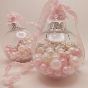 2 PINK Shabby Chic CHRISTMAS Tree Ornaments - Shabby Chic Ornament - Clear Shatterproof Filled with Pearls Beads- GIFT for Teacher or Her