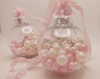 2 PINK Shabby Chic CHRISTMAS Tree Ornaments - Clear Shatterproof Filled with Pearls Beads - Romantic Xmas GIFT for Her | Stocking Stuffers