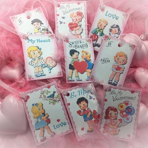 9 Pink Valentine&#39;s Day Decor Tags/Cards AND 9 Ribbons Vintage Retro 1940s/1950s Children Kids Little Girl Gift Bag Art Tag Shabby Chic Card