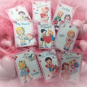 9 Pink Valentine's Day Decor Tags/Cards AND 9 Ribbons Vintage Retro 1940s/1950s Children Kid Little Girls Boys Gift Bag Art Tag Shabby Chic