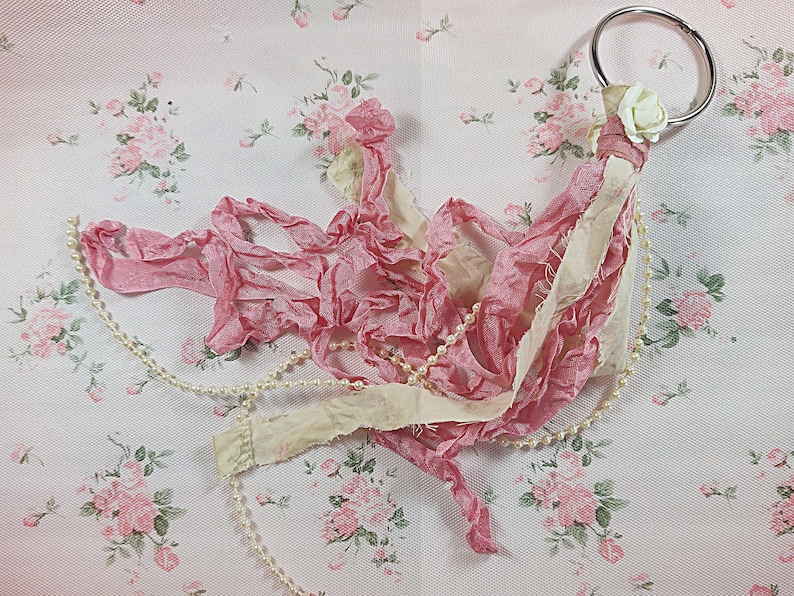 Shabby Chic Junk Journal Ribbon Tassels Pink Tattered Ribbon & Pearls Keychain or Purse Book Planner Scrapbook Embellishment Gift Idea image 1