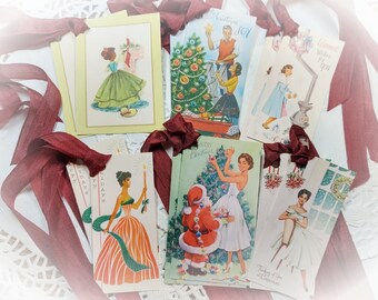 12 Vintage African American Black Ethnic Christmas Gift Tag and Ribbon Set - Mid Century Vintage Reproduced Greeting Card Tag - Retro Style