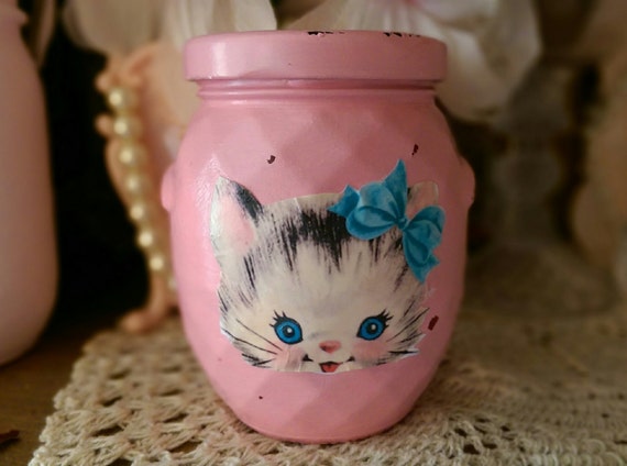 Vintage Kitty Coral Glass Jar - Whimsical Kitschy Kitsch Decor - Vintage Style Retro Decor Shabby Chic - Vanity Desk Bathroom Storage - Gift Il_570xn