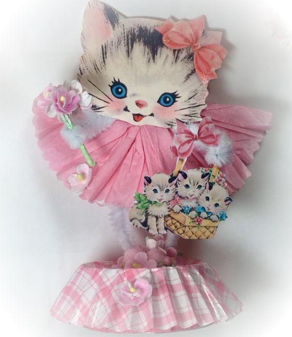 Kitty Figure Figurine Cat Kitten Bump Chenille Pipe Cleaner Paperdoll Paper Doll Shabby Chic Vintage Style Nursery Decor Decorations Gift Il_570xn