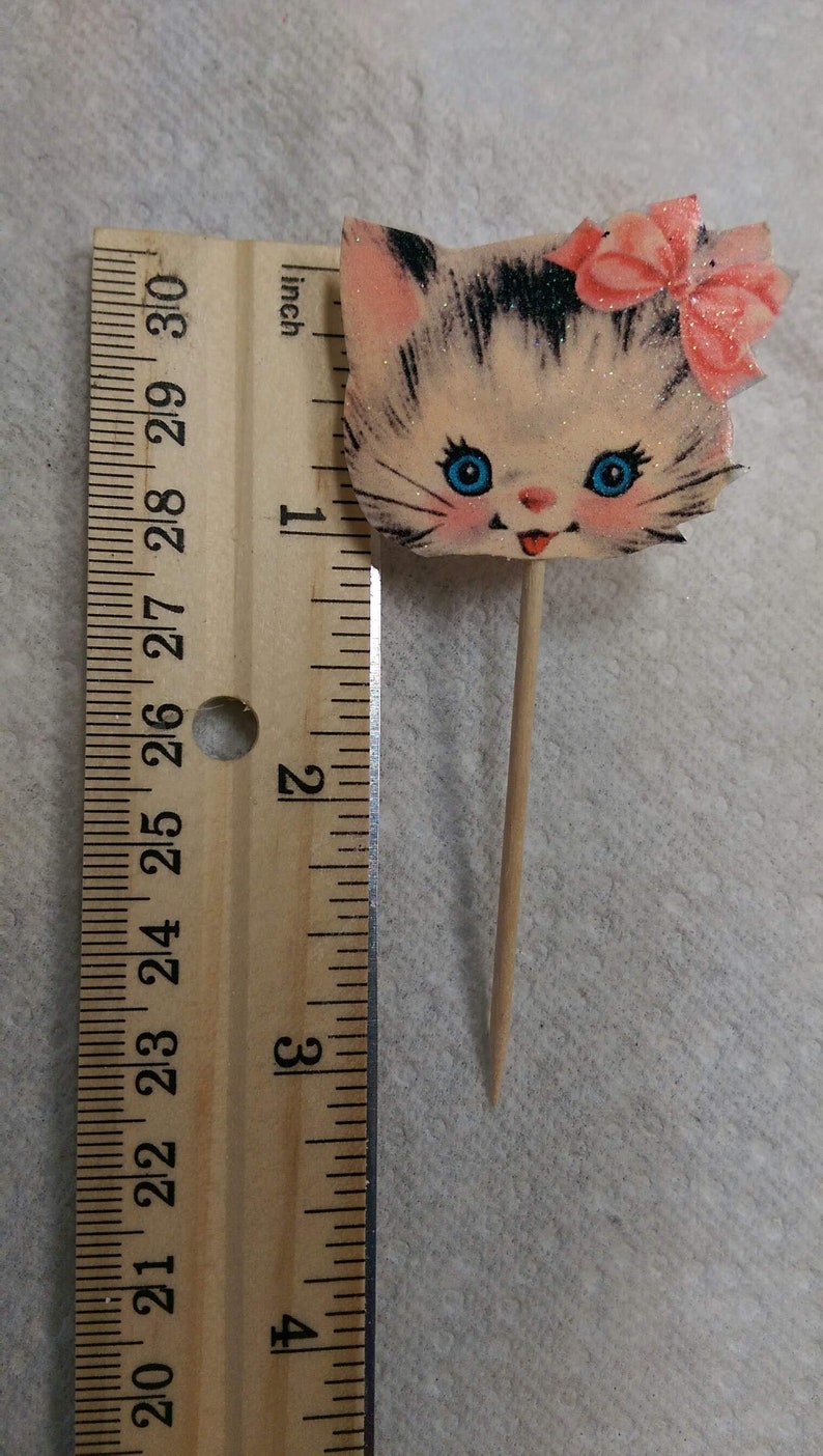 12 Vintage Kitty Cupcake Toppers Retro Kitten Cat Toothpicks Picks Hors d'oeuvre Appetizer Birthday Tea Party Candy Bar Baby Shower Decor image 2