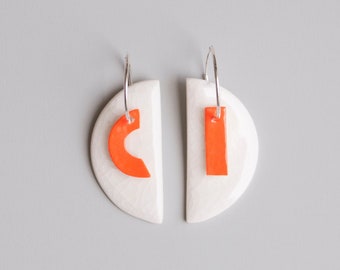 orange/white hanging porcelain and sterling sterling silver hoops earrings Sonora