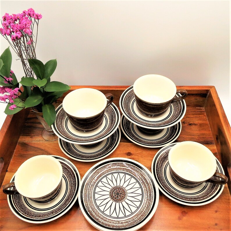 Mid Century Retro Modern Hand Painted Ceramic Flower Plate Vintage Tea Set USA made circa 1960s Brown Coffee Cup Saucer Plate Set