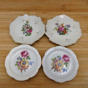 Small Flower Plates Mini Pink Roses Peony Sun Flowers Ceramic Gold Trim Snack Plates Soy Sauce Sushi Wasabi Saxe Germany Japan