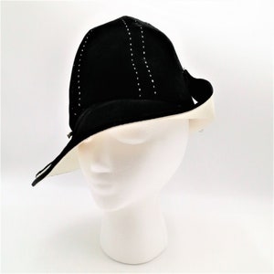 Cloche Hat Velvet by Mr John Mam'selle Black and White Velvet Faux White Leather Millinery Hat Winter Church Hat Jackie O Hat