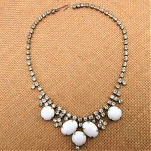 Rhinestone Necklace Milk Glass White Cabochon Choker 1950s Short Necklace
