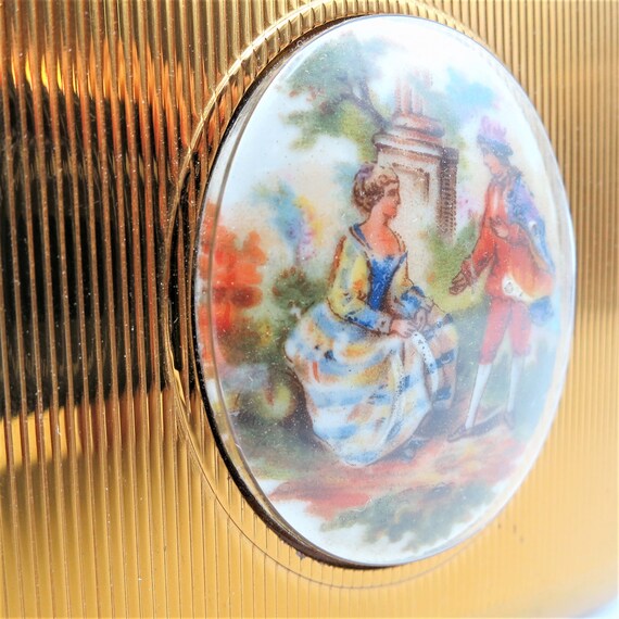 Gold Compact Mirror Colonial Woman Man Oval Caboc… - image 3