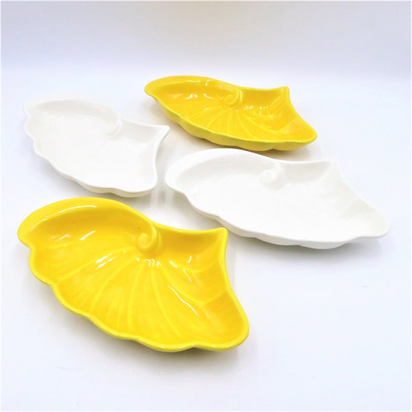 Sea Shell California Pottery Yellow White Vintage Art Deco Ceramic Sea Shell Dishes Set of 4 Nuts Candy Fruit Serving Dish Made in USA