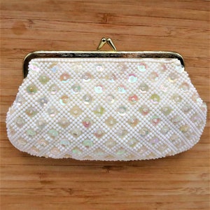 White Sequin Clutch Purse Wedding Handbag Bride Bridal Bridesmaids Handmade Bridal Shower Party Bag 1960s Made in Hong Kong