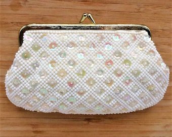 White Sequin Clutch Purse Wedding Handbag Bride Bridal Bridesmaids Handmade Bridal Shower Party Bag 1960s Made in Hong Kong