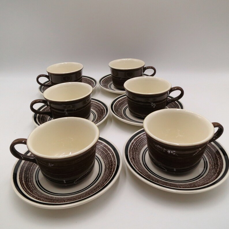 Mid Century Retro Modern Hand Painted Ceramic Flower Plate Vintage Tea Set USA made circa 1960s Brown Coffee Cup Saucer Plate Set