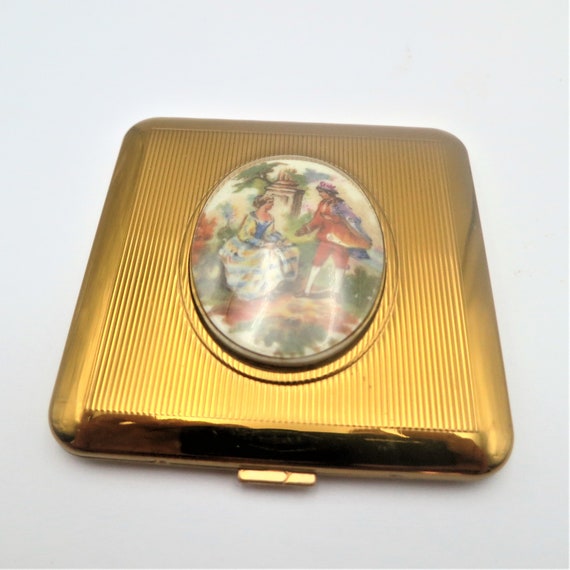 Gold Compact Mirror Colonial Woman Man Oval Caboc… - image 4