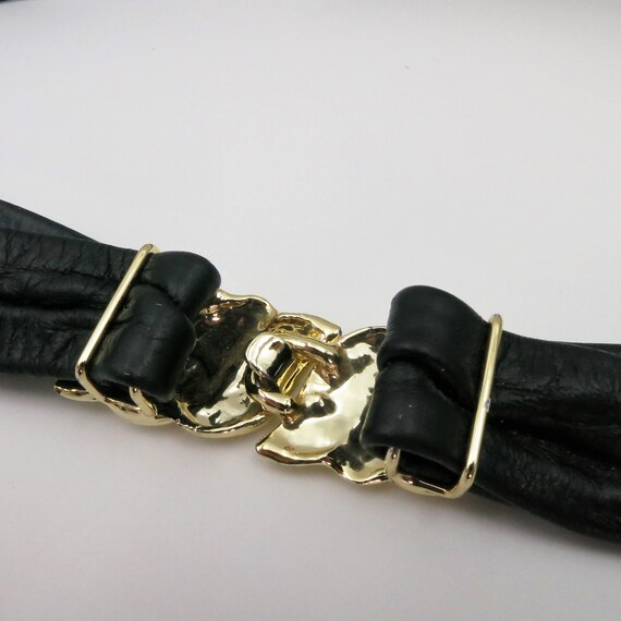 Black Leather Belt Gold Buckle 1980s Fashionista … - image 6