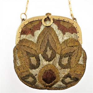 Embroidery French Purse Antique Handbag Flower Floral Design w Metallic Thread of Gold Silver Bronze Copper 1910s 1920s