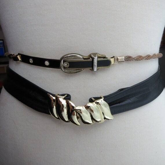 Black Leather Belt Gold Buckle 1980s Fashionista … - image 7