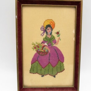 Cross Stitch Flower Girl Vintage Woman Picking Flower Petite Needlepoint Bonnet Victorian Lady Flower Basket