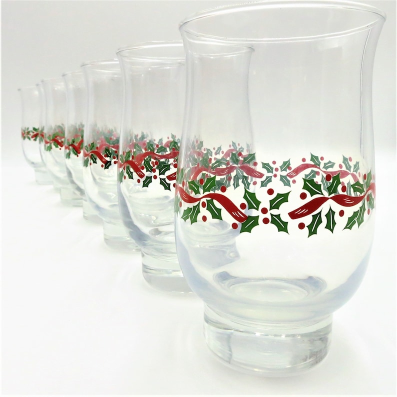 Libbey Christmas Glasses Arby's Holly Berry Ribbon Tulip Hurricane