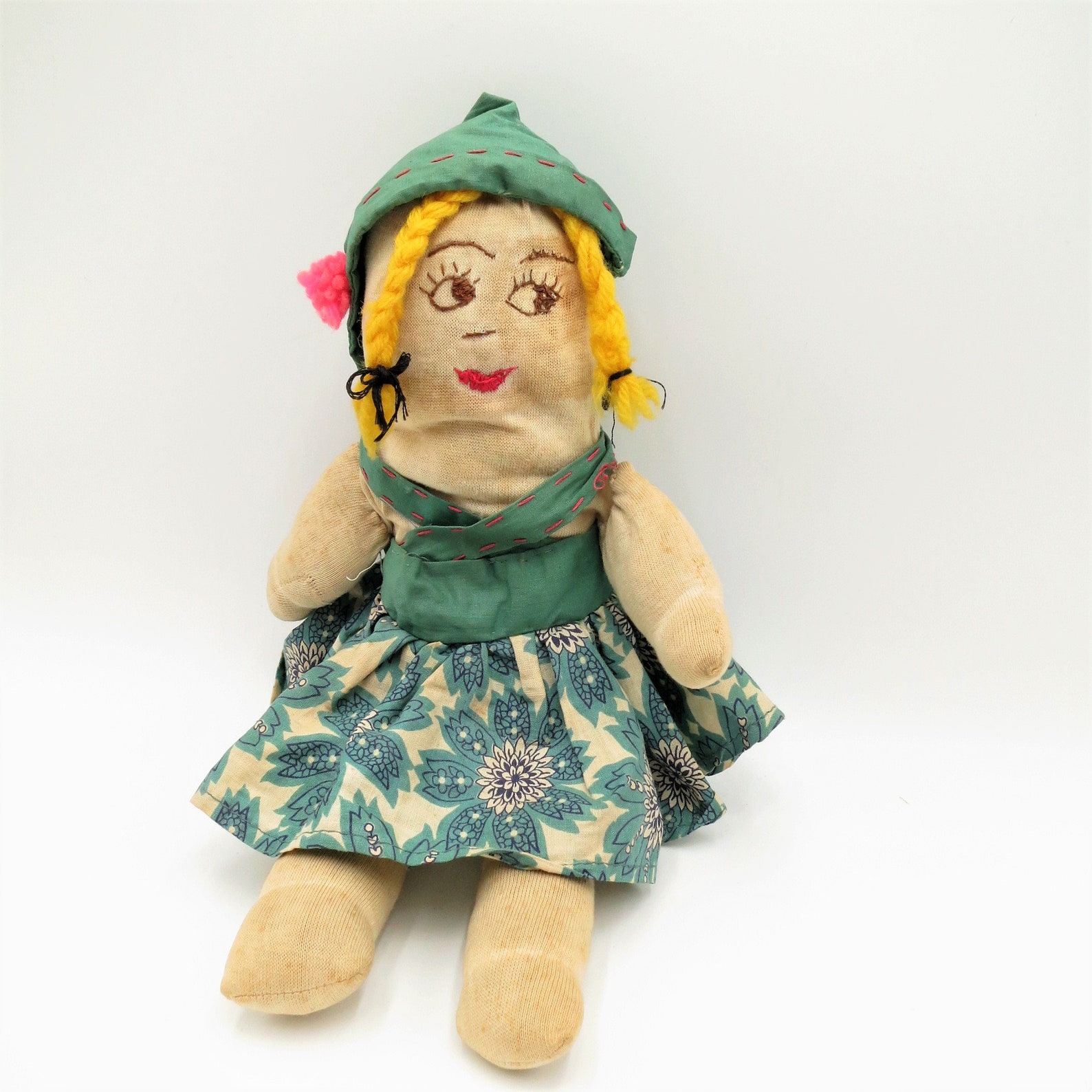 Goldilocks Doll Stuffed Handmade Girl Doll Primitive Style Green Blue ...