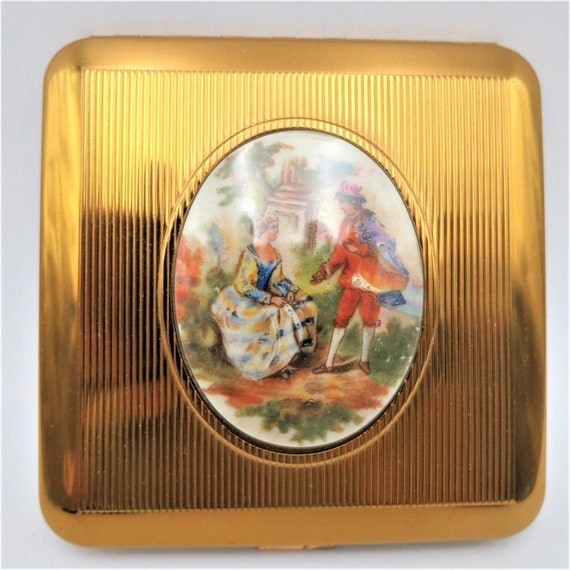 Gold Compact Mirror Colonial Woman Man Oval Caboc… - image 1