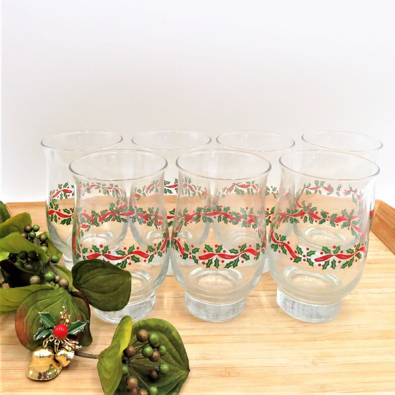 Libbey Christmas Glasses Arby's Holly Berry Ribbon Tulip Hurricane