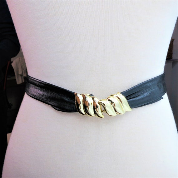 Black Leather Belt Gold Buckle 1980s Fashionista … - image 1