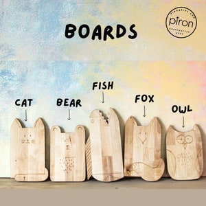 cute animals cutting board - cat, bear, fish, fox, owl