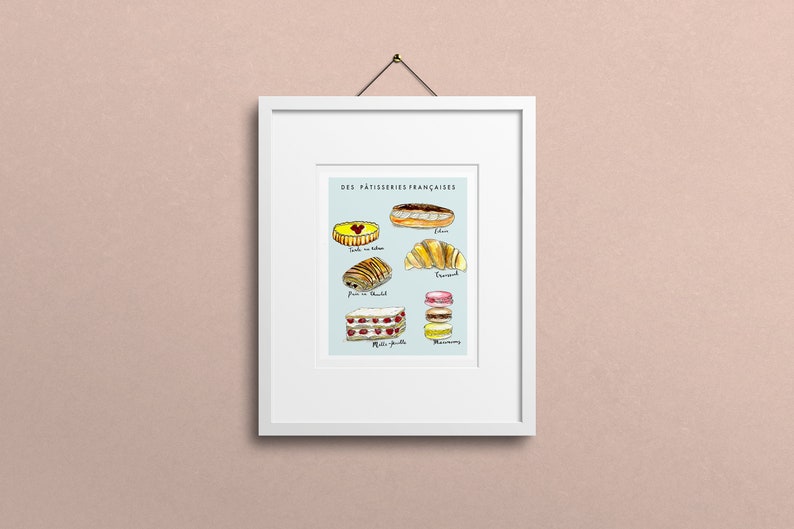 French Pâtisseries Artwork Printable Wall Art French Pastries print Watercolour Print Cute Drawing Downloadable illustration image 1