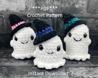 May include: Three crocheted ghost amigurumi wearing witch hats. The hats are black with blue, pink, and teal accents. The ghosts are white and have black eyes and mouths. The text "***PDF*** Crochet Pattern" and "Instant Download" is visible in the image.