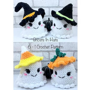 Puede incluir: Cuatro fantasmas blancos de ganchillo con diferentes sombreros, incluyendo un sombrero de bruja, un sombrero con borde verde, un sombrero de caramelo y un sombrero de calabaza. El texto "Ghosts In Hats" y "6 - 1 Crochet Pattern" es visible.