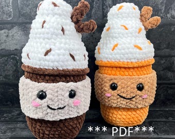 May include: Two crocheted amigurumi coffee cup toys. One is brown with white whipped cream and the other is orange with white whipped cream. Both have smiling faces and are made with yarn. The text "***PDF*** Crochet Pattern" is below the toys.