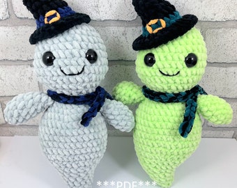 May include: Two crocheted ghost amigurumi toys wearing witch hats and scarves. The ghost on the left is grey and the ghost on the right is green.  ***PDF*** Crochet Pattern