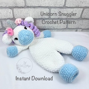 Patrón de edredón de unicornio de crochet, amigurumi, costura baja, patrón de peluche, lovey