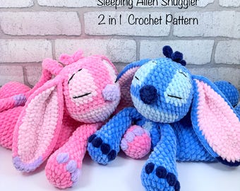Blue & Pink Alien Snuggler Comforter Pattern, lovey, 2 IN 1, Amigurumi, plushie, low sew, handmade, sleepy, snuggle buddy