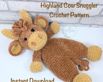 Crochet Highland Cow Snuggler Comforter Pattern, lovey, Amigurumi, low sew, handmade, Plushie Toy, new baby
