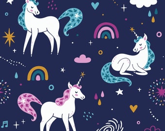 Jersey Einhorn, Jersey Stoff Kinder, Baumwolljersey Meterware, Regenbogen Stoff, Einhorn Stoff, Jersey Mädchen, Unicorn Jersey Fabric