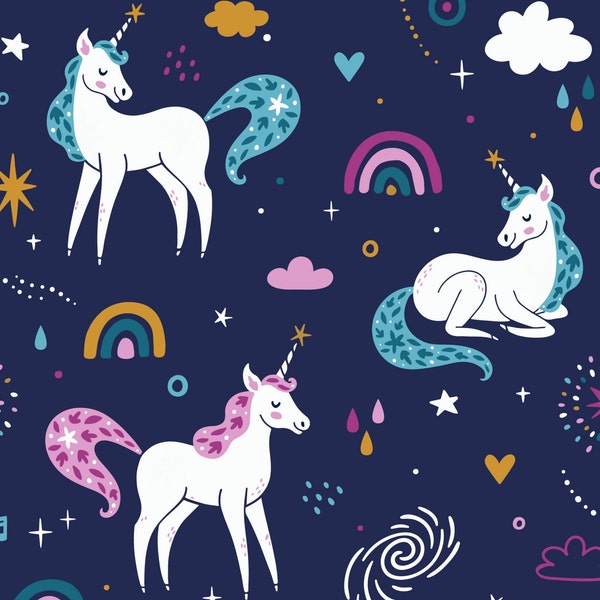 Jersey Einhorn, Jersey Stoff Kinder, Baumwolljersey Meterware, Regenbogen Stoff, Einhorn Stoff, Jersey Mädchen, Unicorn Jersey Fabric