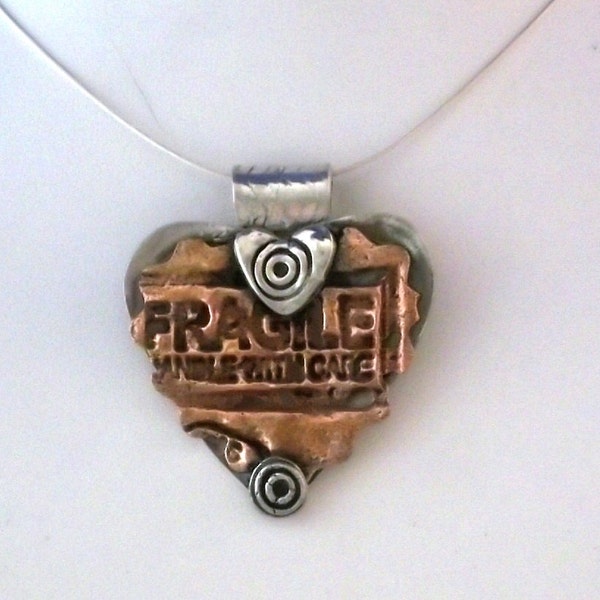 Mixed Metal Necklace, Fragile/Handle With Care, Sterling Silver and Copper Sweetheart Necklace, 1-of-a-Kind