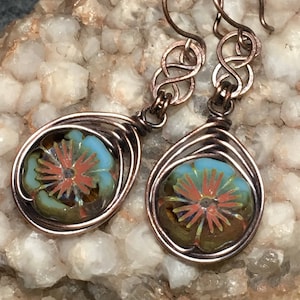 Flower earrings, Wire Wrapped Flower Earrings, Czech Glass Copper Flower Earrings, Unique Boho Earrings