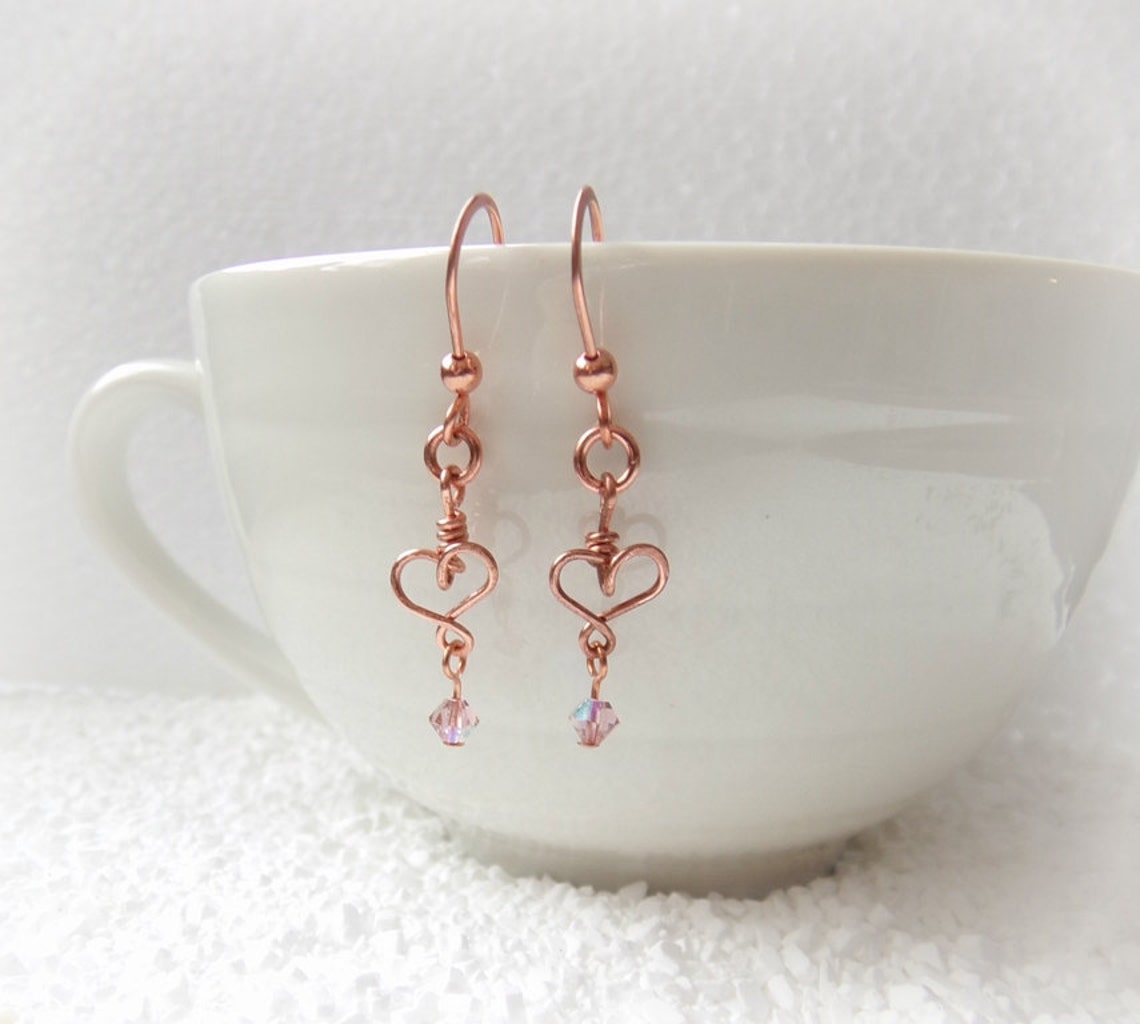 Copper Heart Earrings Wire Wrapped Heart Earrings Small Etsy